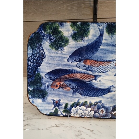Japanese KOI FISH Lotus Flower Ceramic Rectangular Platter Sun Ceramic Japan - Picture 2 of 4
